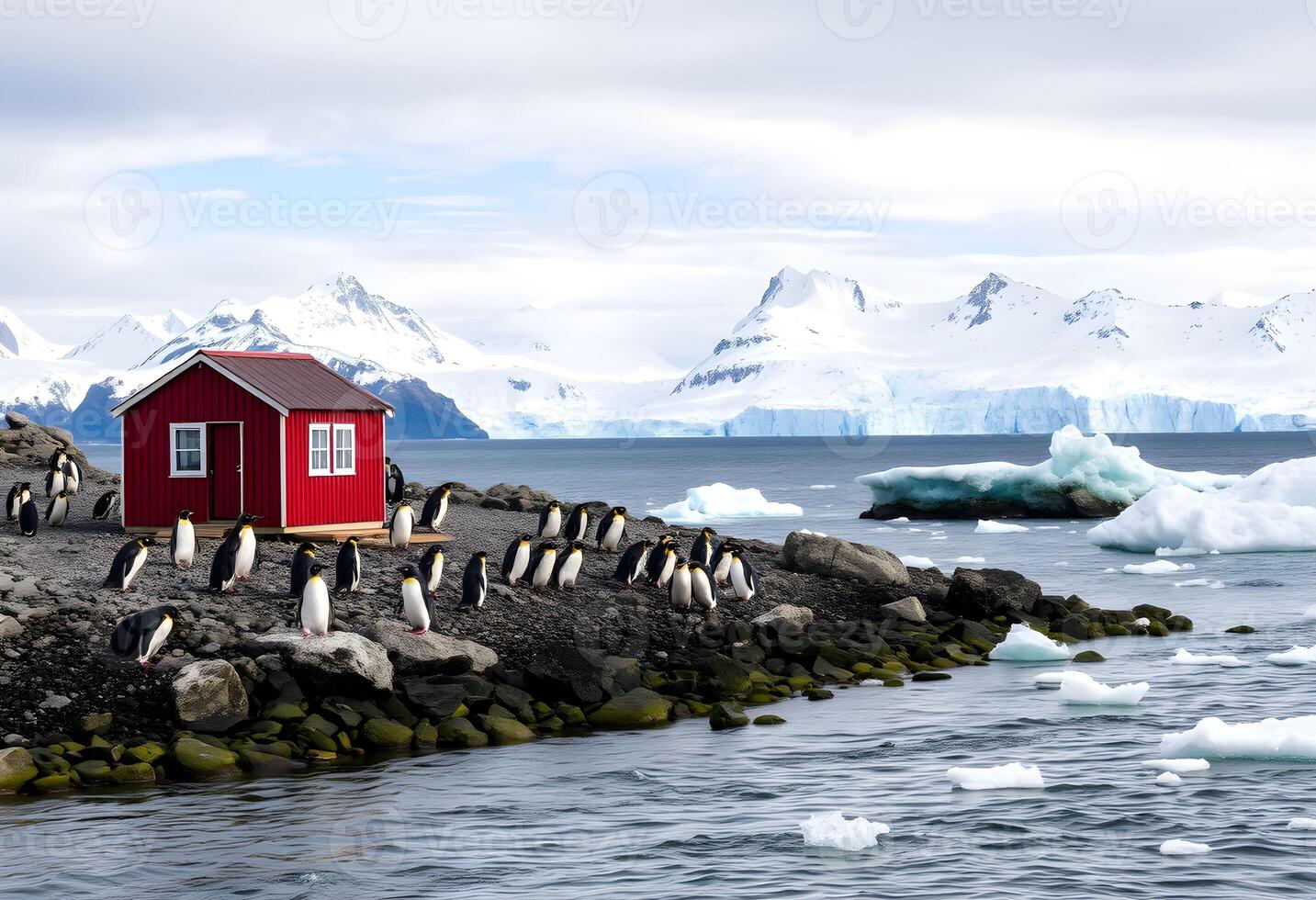 A red house with penguins on the shore near an iceberg photo