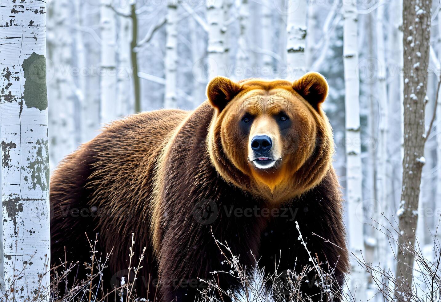 A brown bear in a snowy forest photo