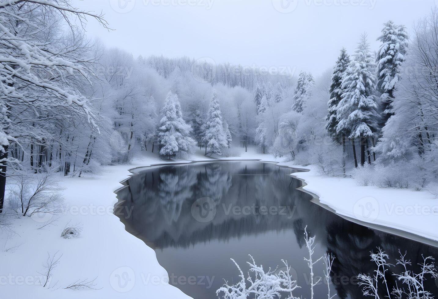Winter landscape with a river and trees covered in snow photo