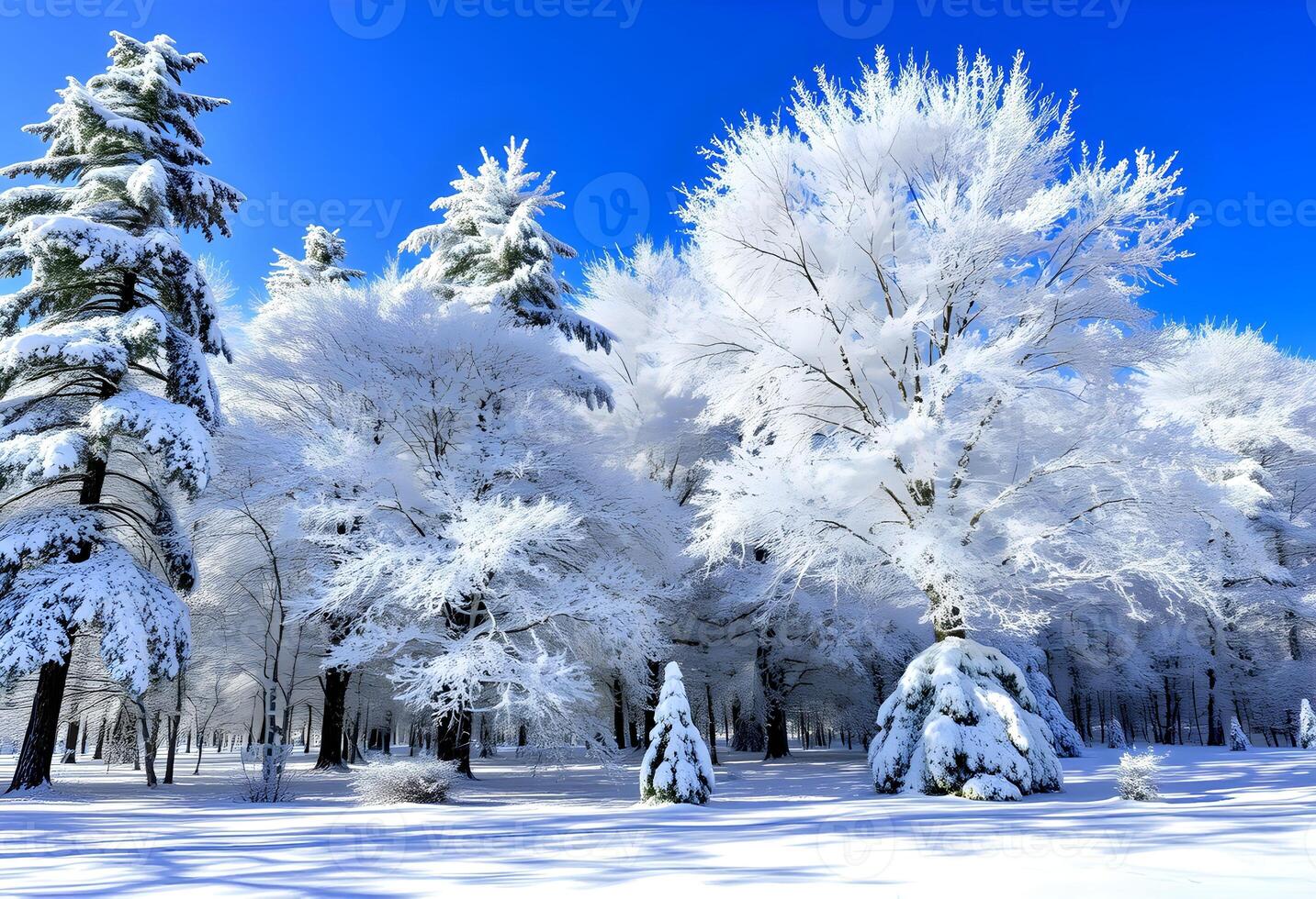 Winter landscape with snow covered trees and blue sky photo