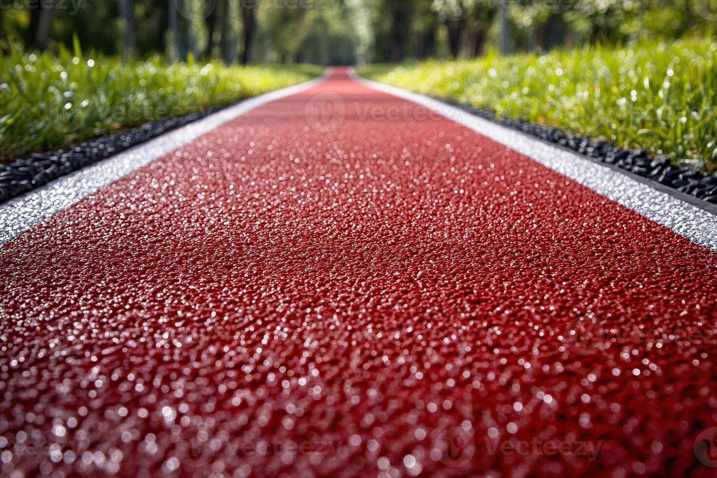 Red running track in a stadium with white lines and green grass on the side. Generated by artificial intelligence photo