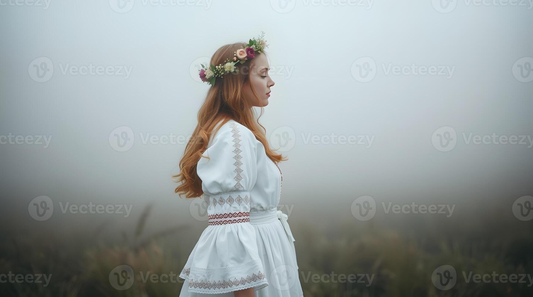 Enigmatic Woman in Foggy Field Wearing Floral Crown photo