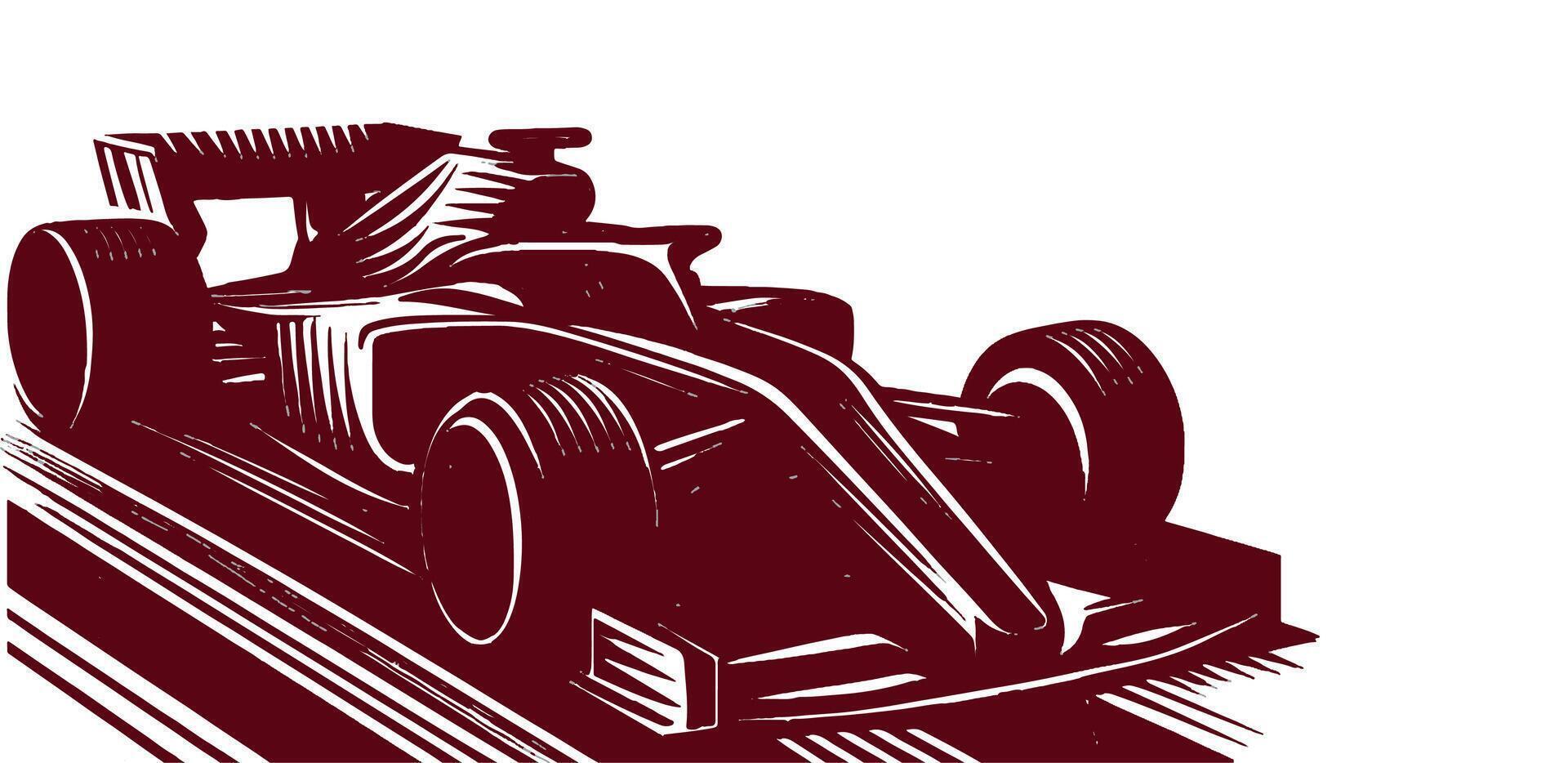 A racing car is shown in a woodcut style vector