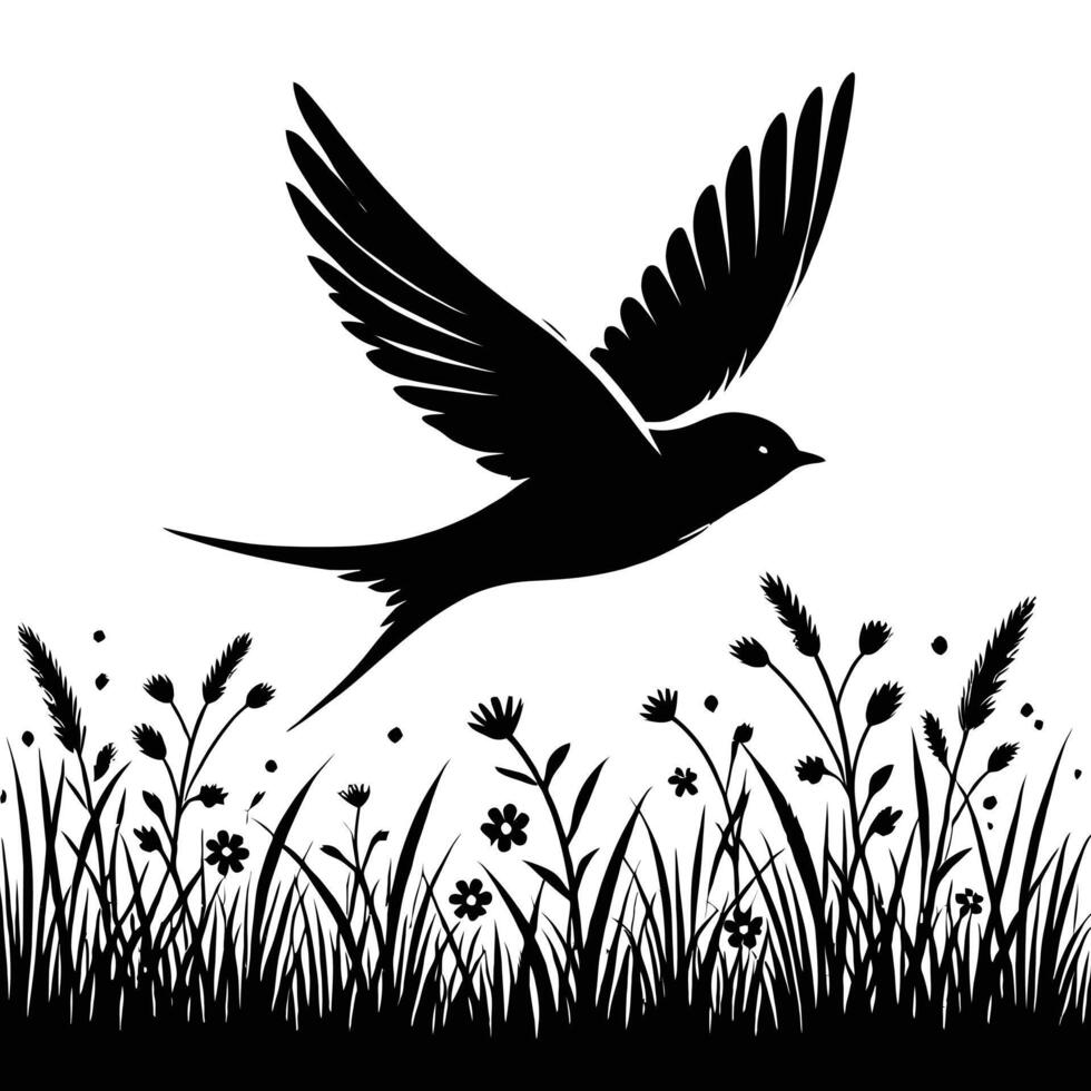 Swallow flying over grass and flowers vector