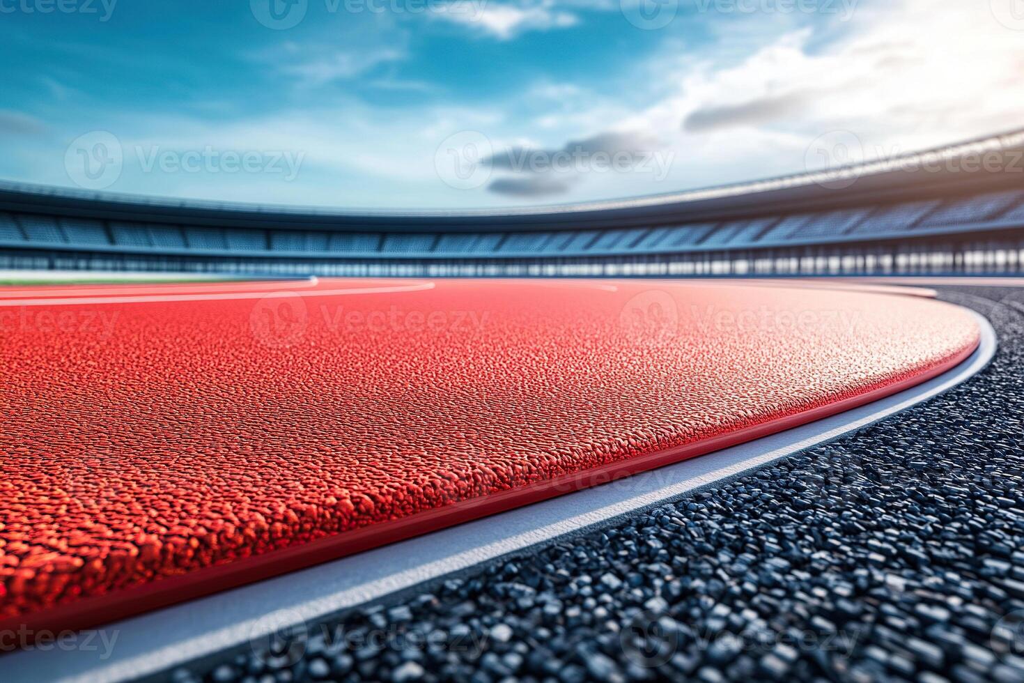 Empty red running track at the stadium in sunny day. Concept of running, sport, competition. Generated by artificial intelligence photo
