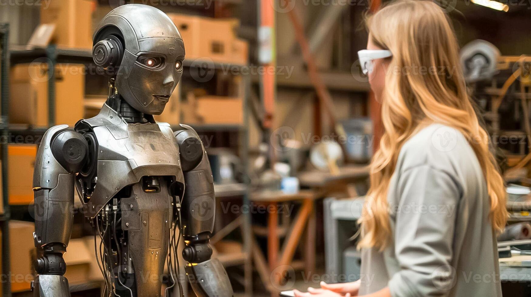 Engineers Collaborating with Advanced AI Robot in a High Tech Workshop photo