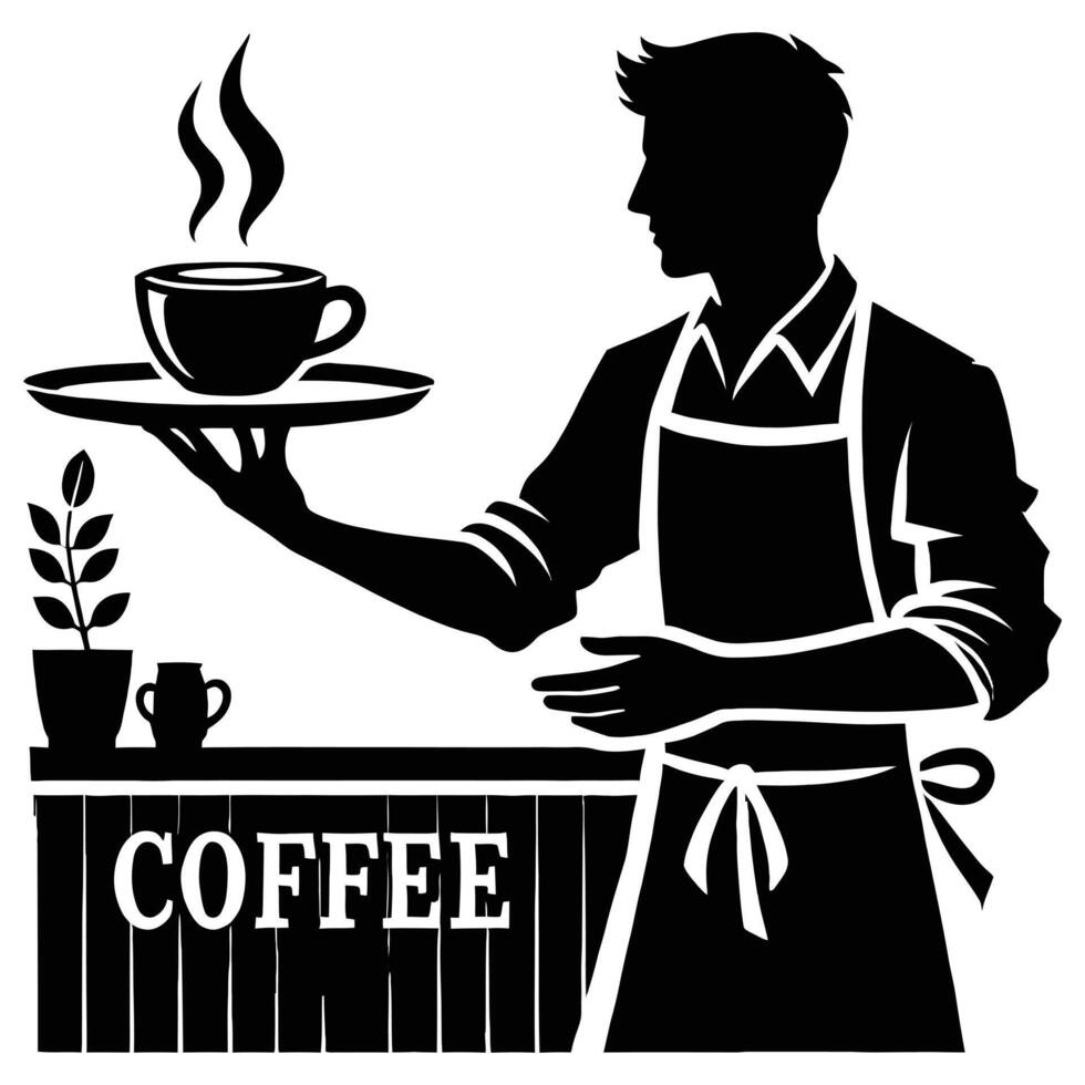 A silhouette of a man holding a tray with coffee vector