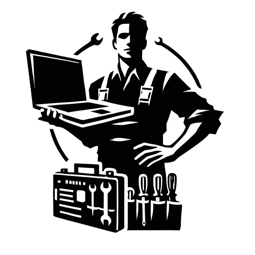 A man holding a laptop and tools in silhouette vector
