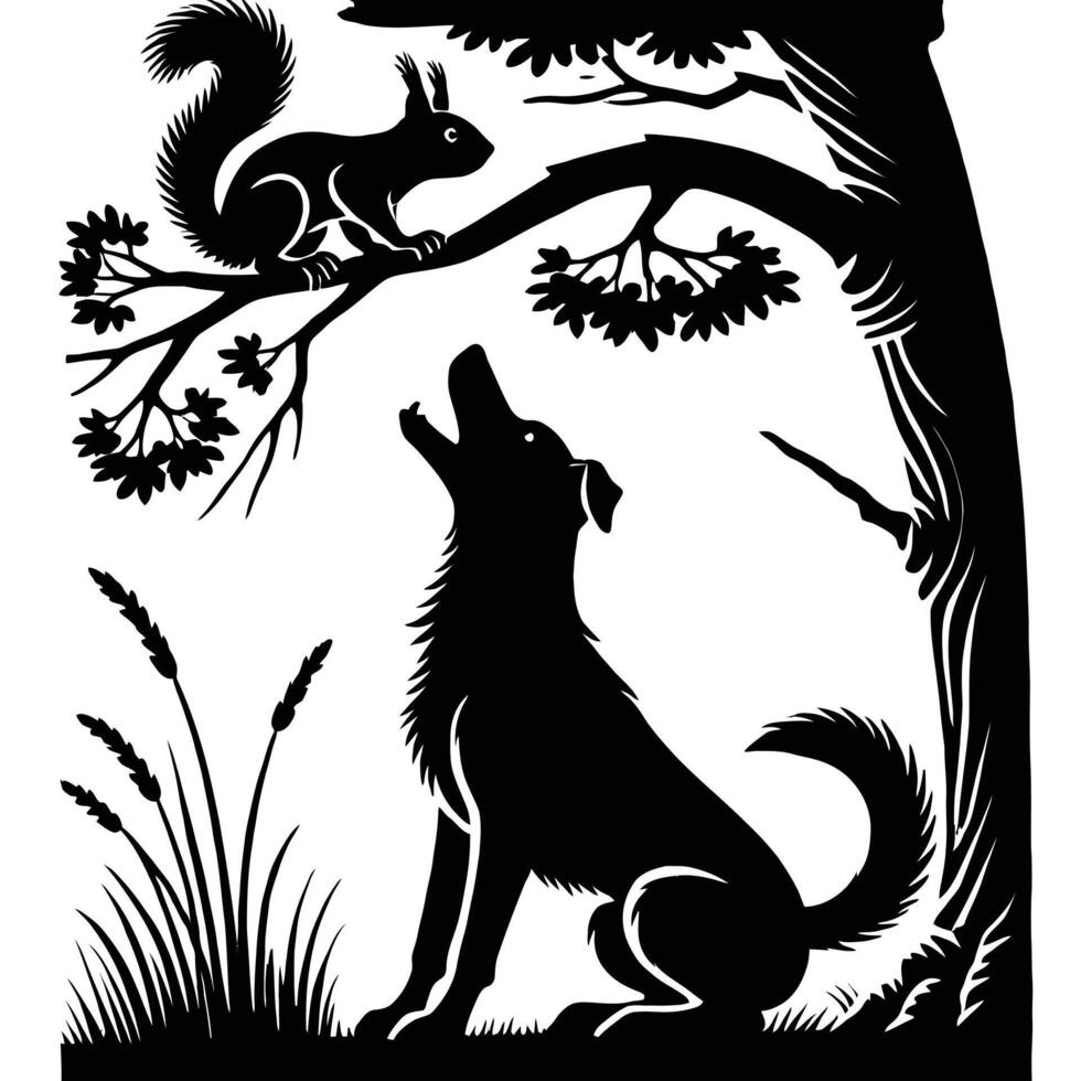 A black and white silhouette of a dog and squirrel vector