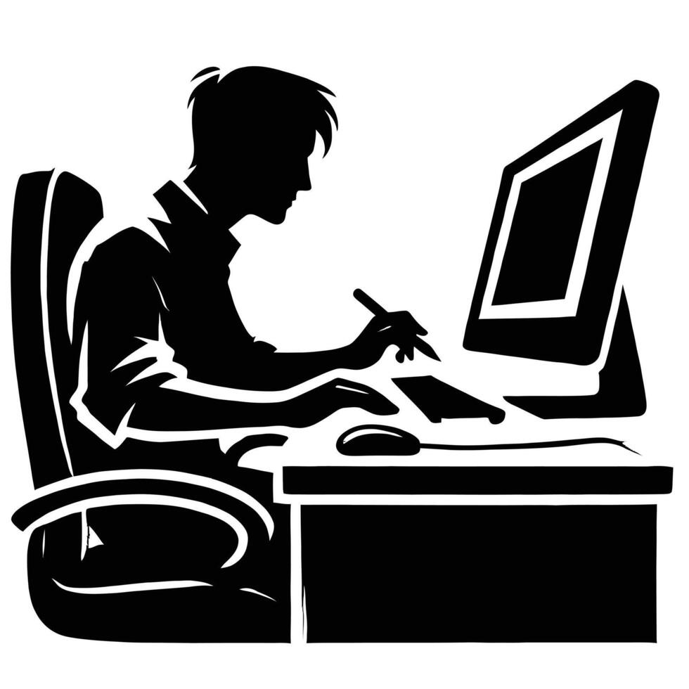 A silhouette of a man working on a computer vector