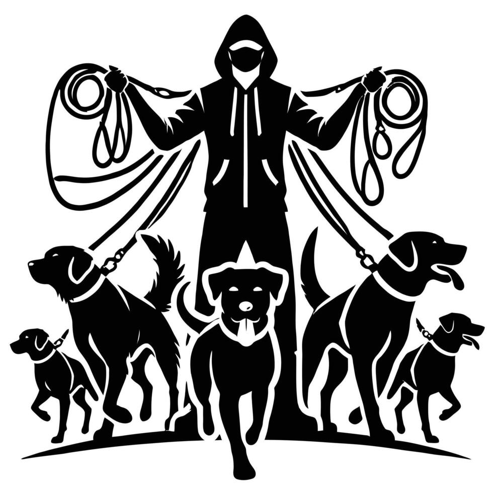 A man with dogs and a leash in silhouette vector