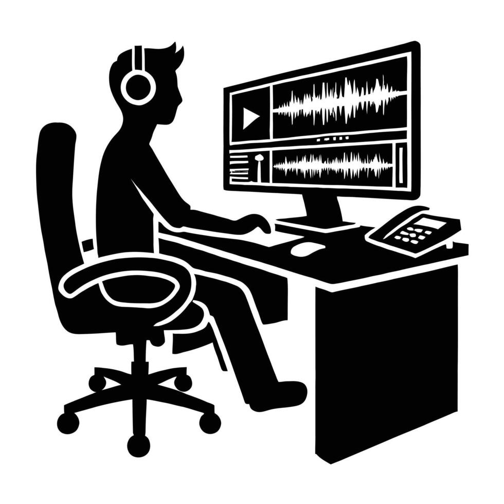 A man is sitting at a desk with headphones on vector