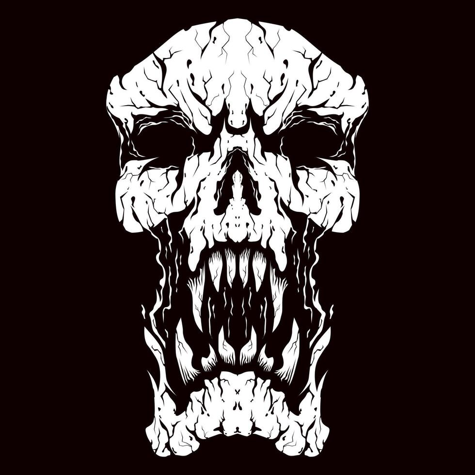 Cracked skull head with sharp fangs illustration logo design vector