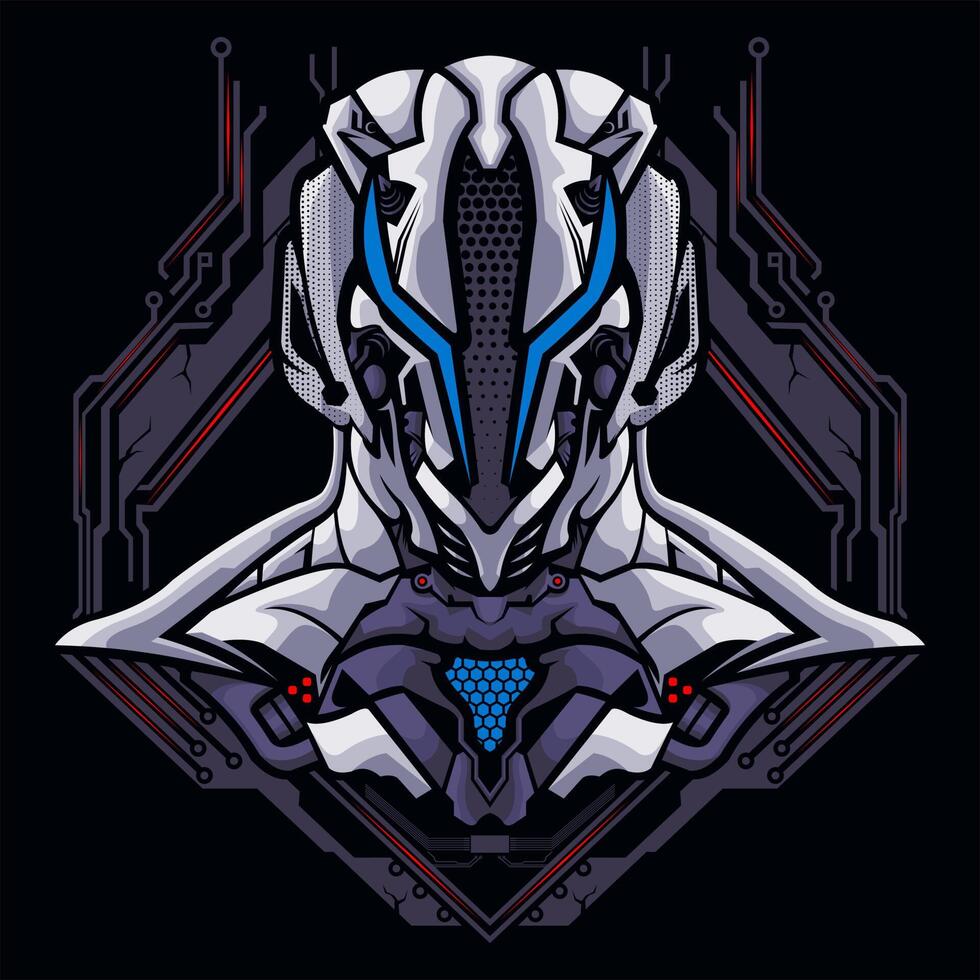 Half body robot with elongated blue eyes illustration logo design vector