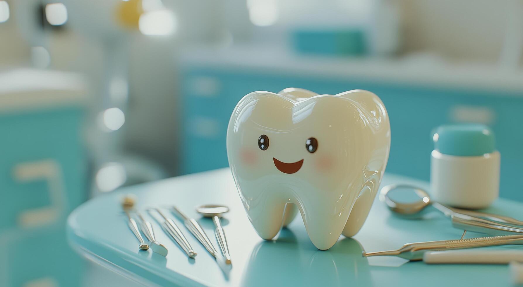 A tooth with a smiley face on it sits on a table photo