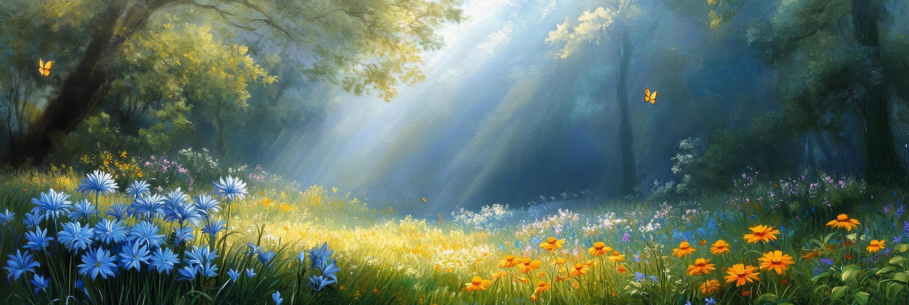 A painting of a forest with flowers and sunbeams photo