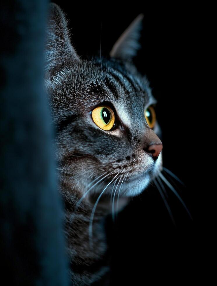 A cat with yellow eyes looking at something photo