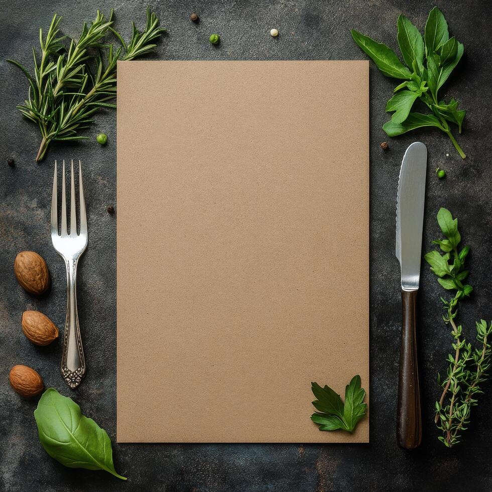A blank menu with herbs and spices on a dark background photo