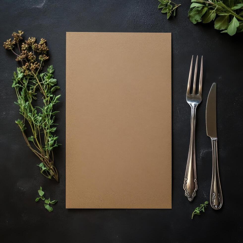 Blank menu card with knife and fork on a black table photo