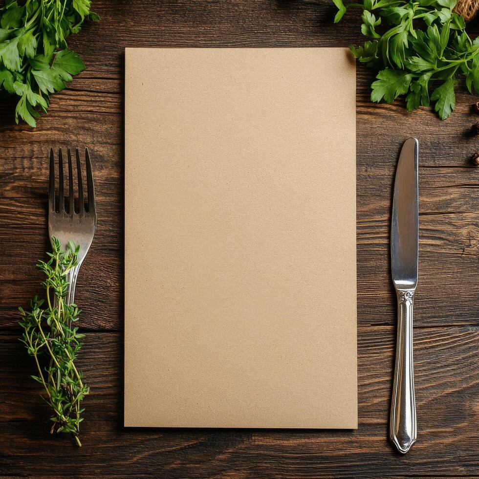 A blank menu with a knife and fork on a wooden table photo