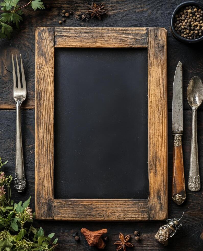 A blackboard with a chalkboard and a knife and fork on a wooden table photo