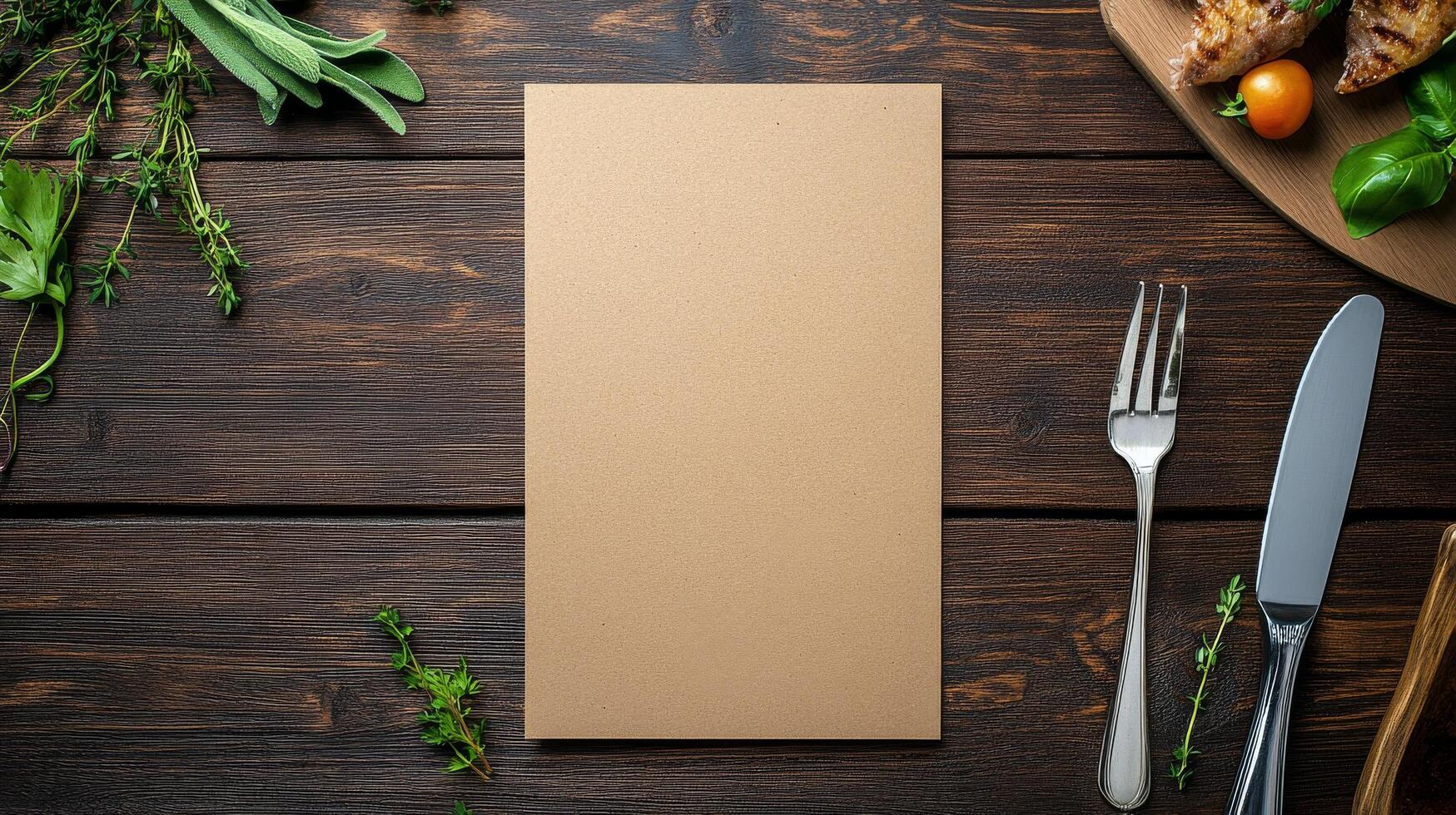 A blank menu card on a wooden table with a knife and fork photo