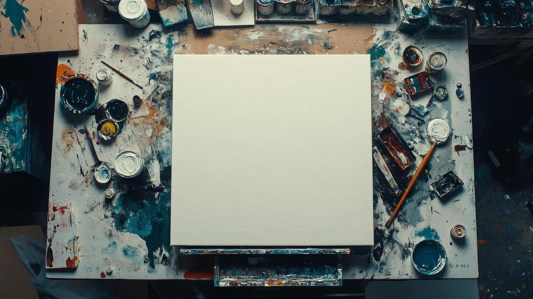 An artist's work table with paint and brushes photo