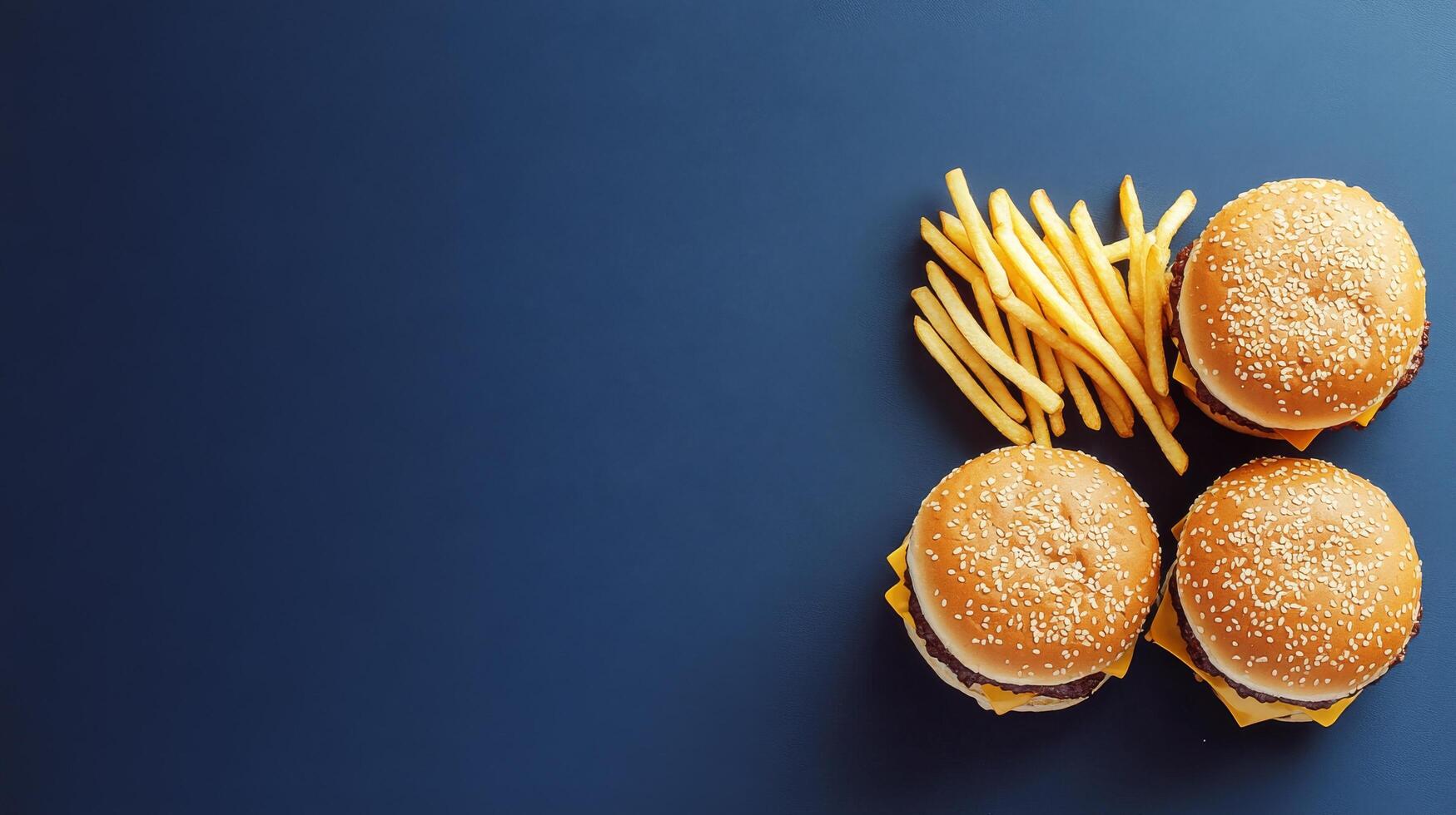 Three hamburgers and french fries on a blue background photo