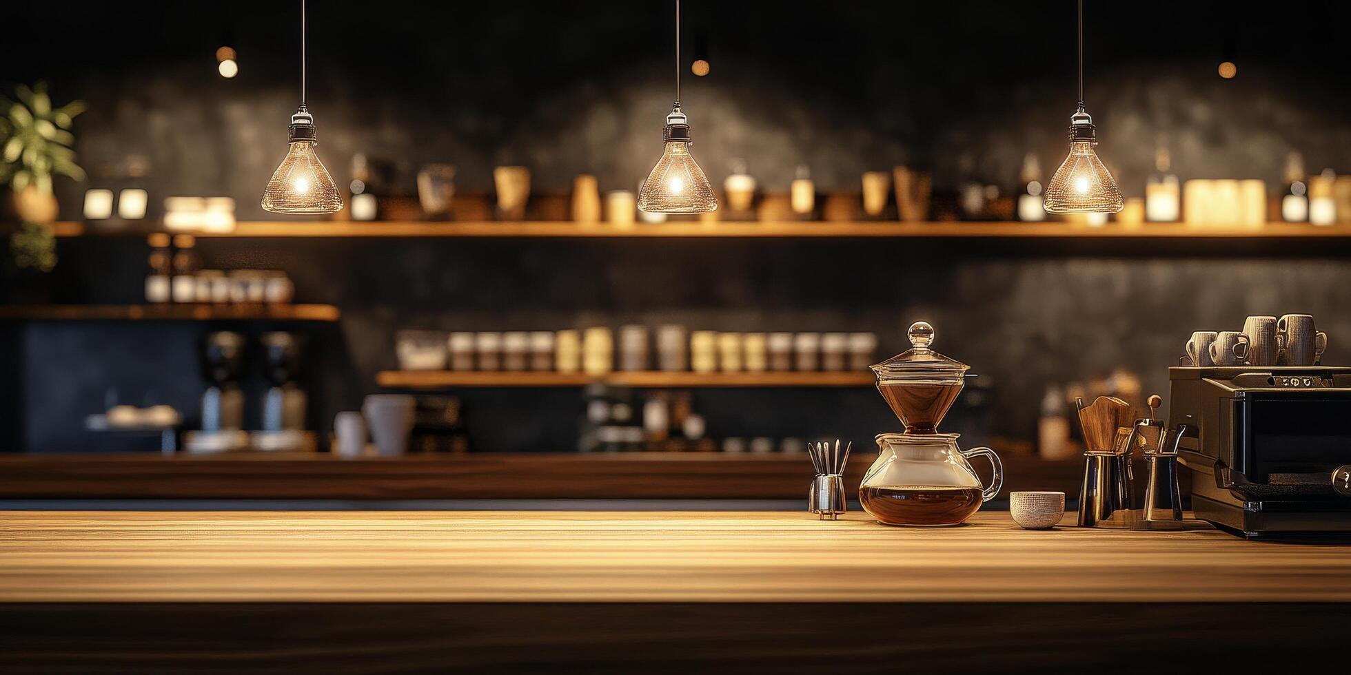A coffee bar with a counter and lights photo