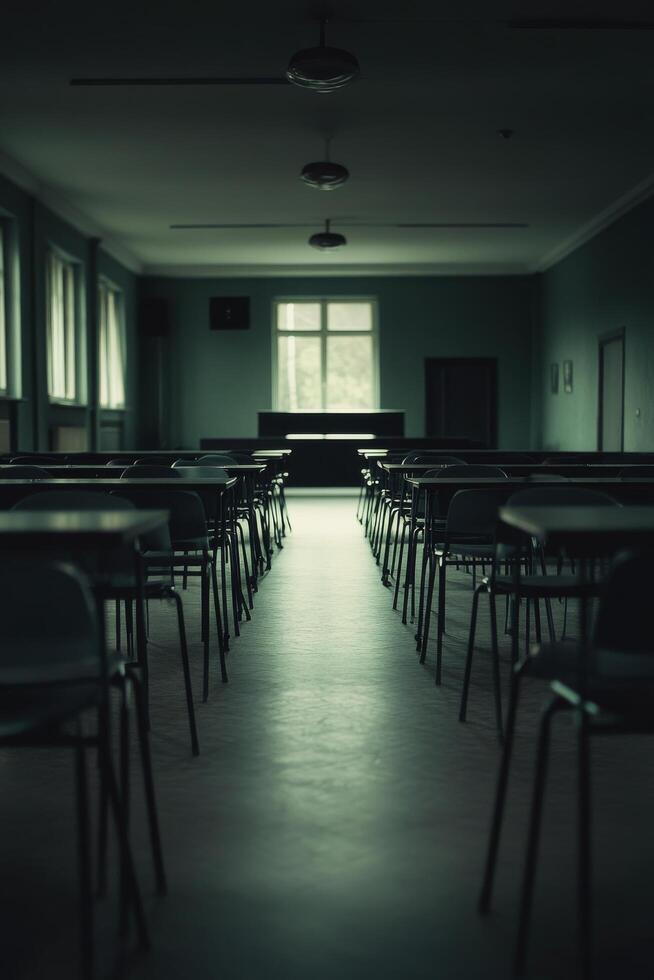 Empty classroom with chairs and tables photo