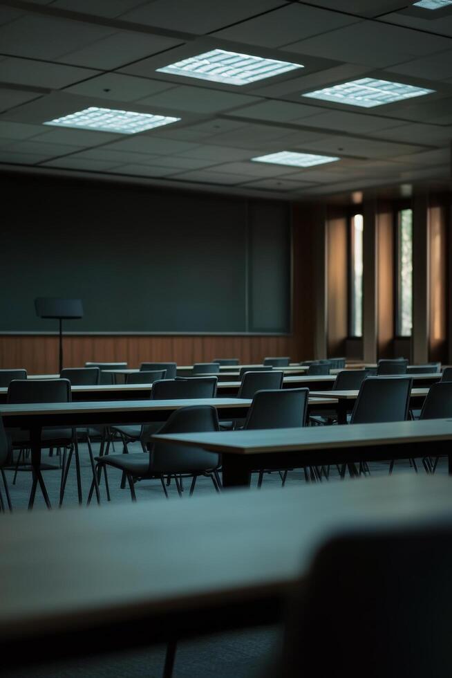 Empty classroom with blackboard and chairs photo