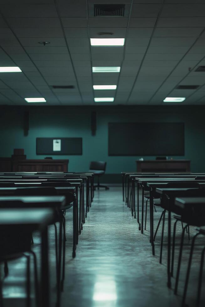 Empty classroom with blackboards and chairs photo
