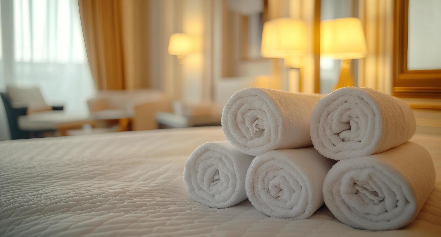Four folded towels on a bed in a hotel room photo