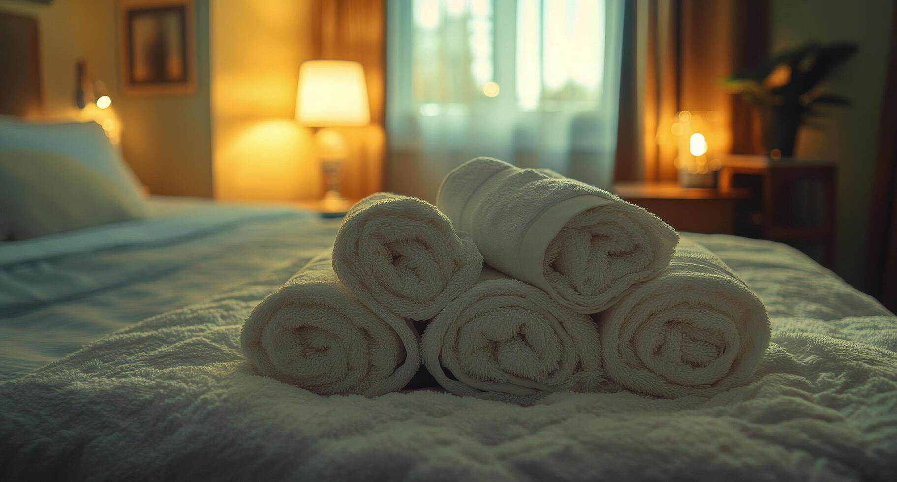 A pile of towels on a bed photo