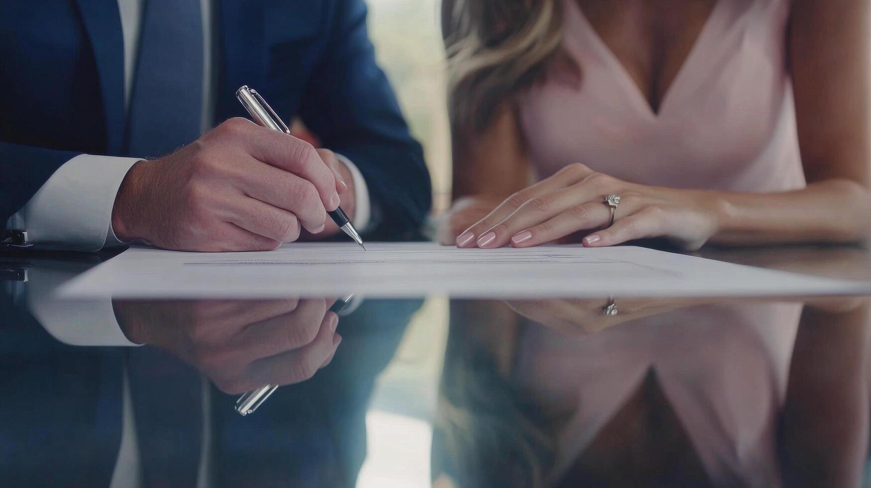 A man and woman signing a contract at a table photo