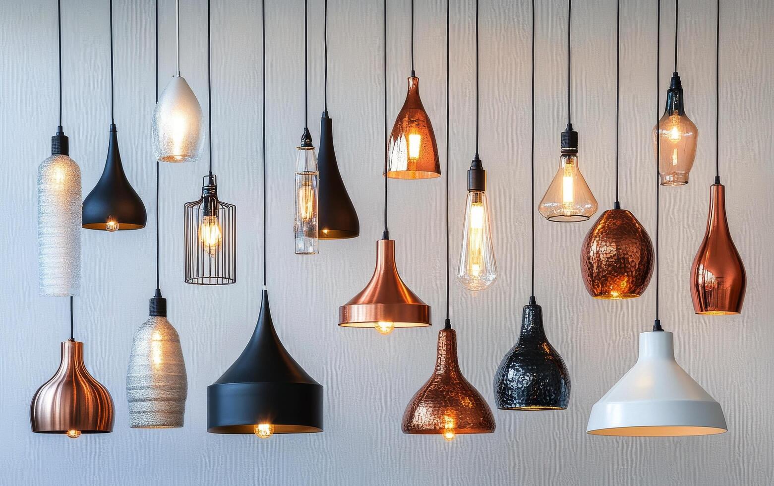 A group of pendant lights hanging from a ceiling photo