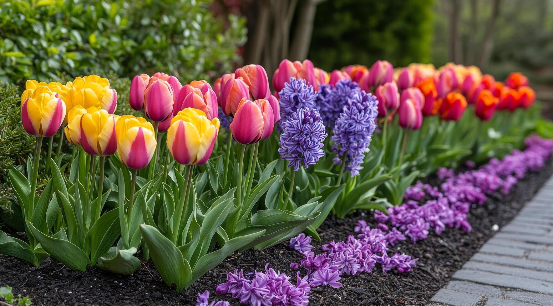 A row of colorful tulips and purple flowers in a flower bed photo