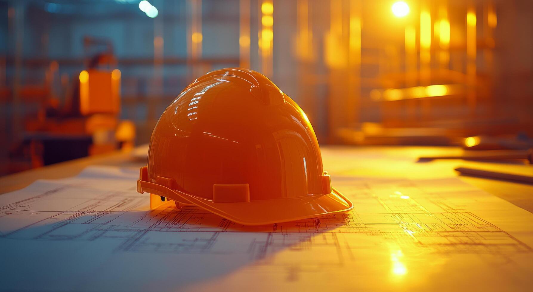A hard hat sits on top of a blueprint photo