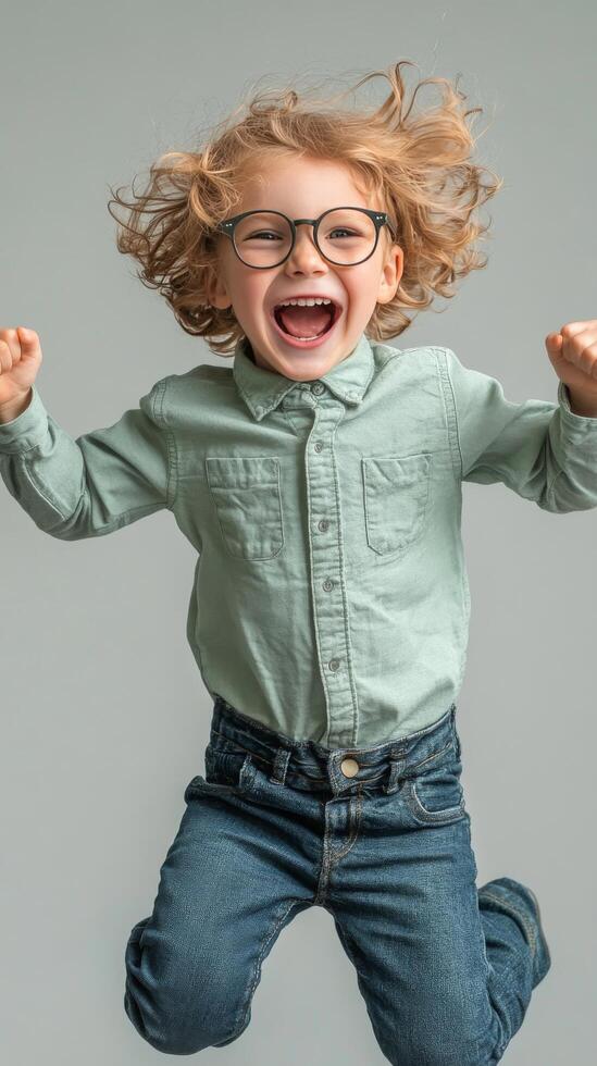 A little boy in glasses and a green shirt is jumping photo