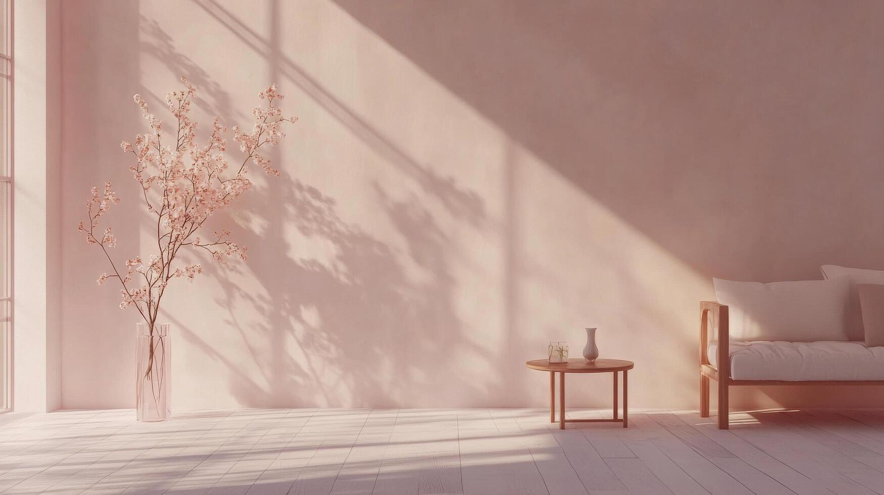 A room with a white couch and a pink wall photo
