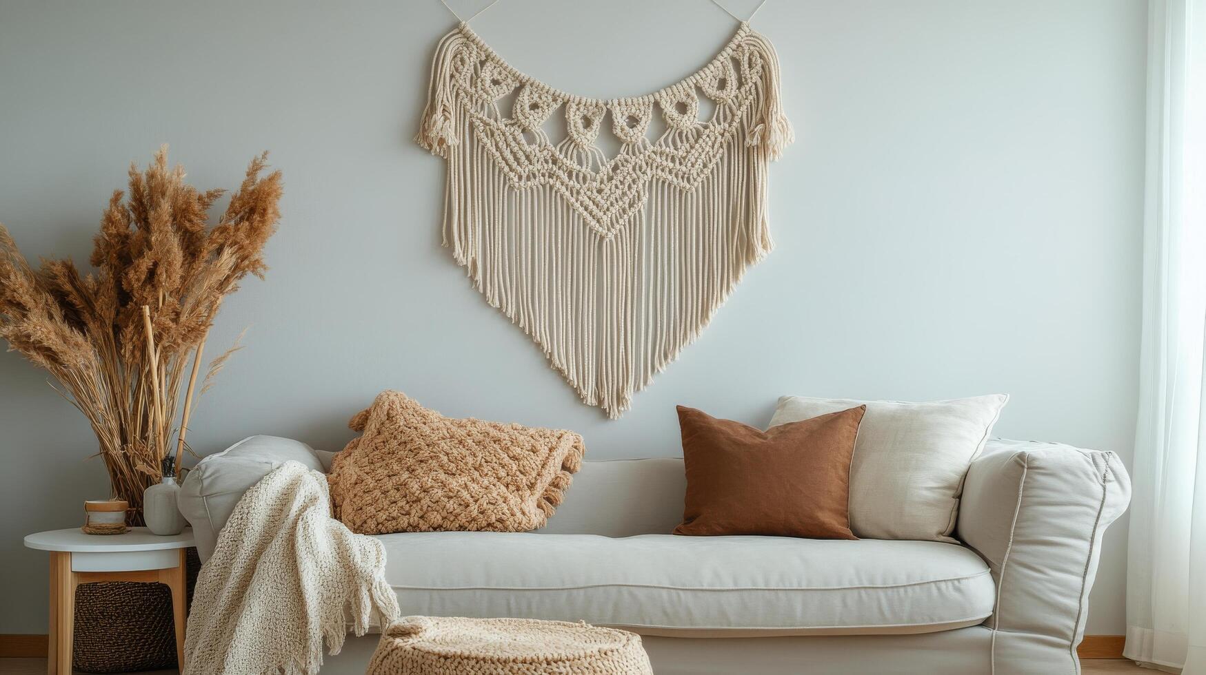 A white couch with pillows and a macrame wall hanging photo