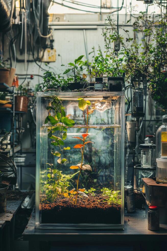 A small aquarium filled with plants and plants photo