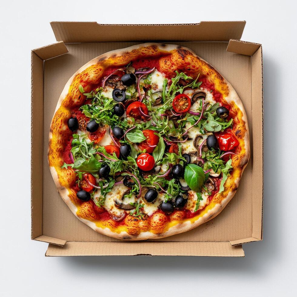 A pizza in a cardboard box on a white surface photo