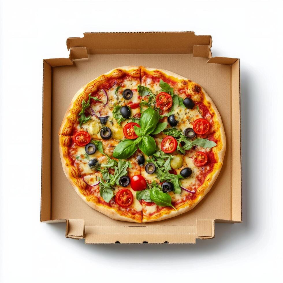A pizza in a cardboard box on a white background photo