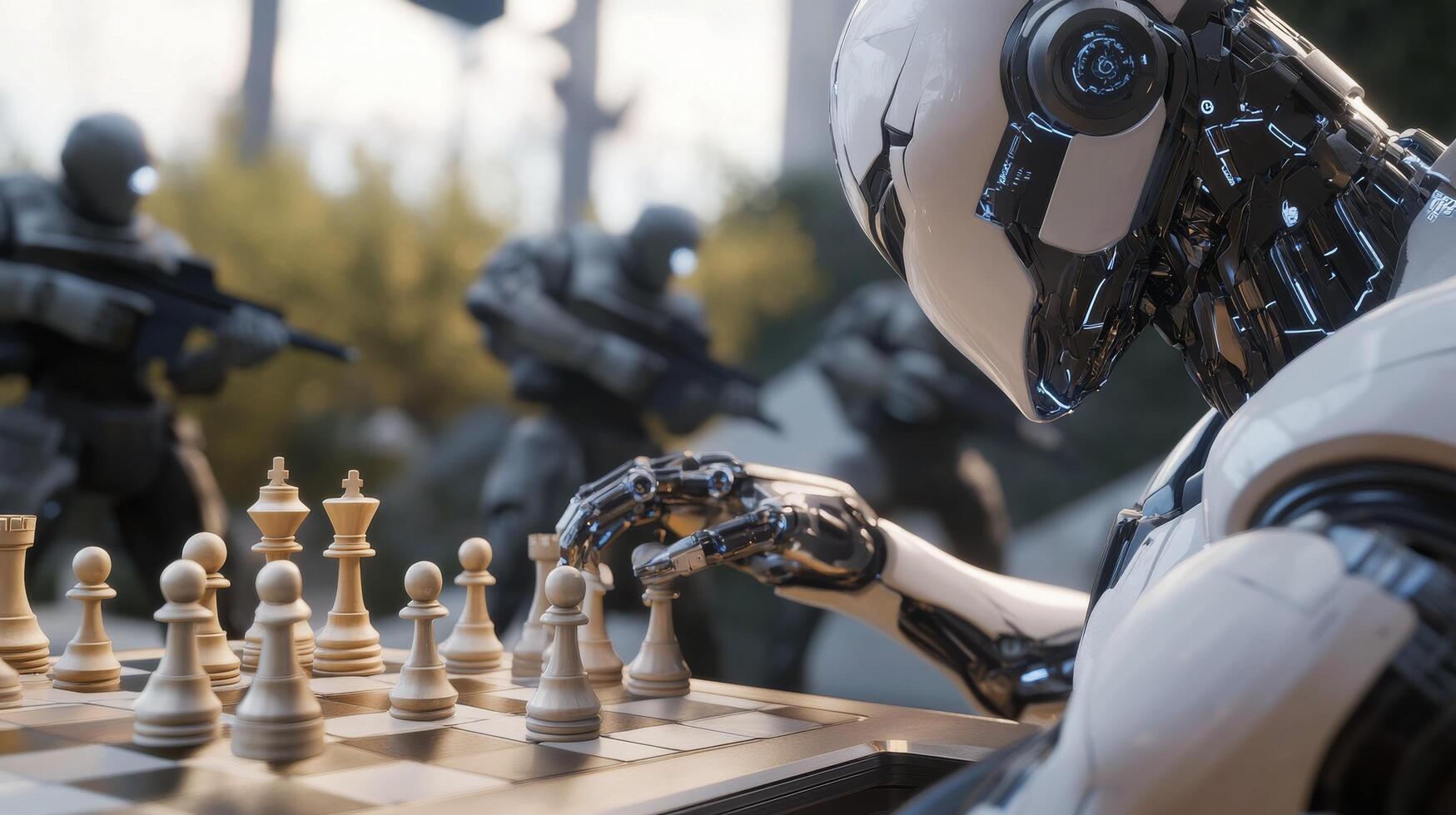 A robot playing chess with other soldiers photo