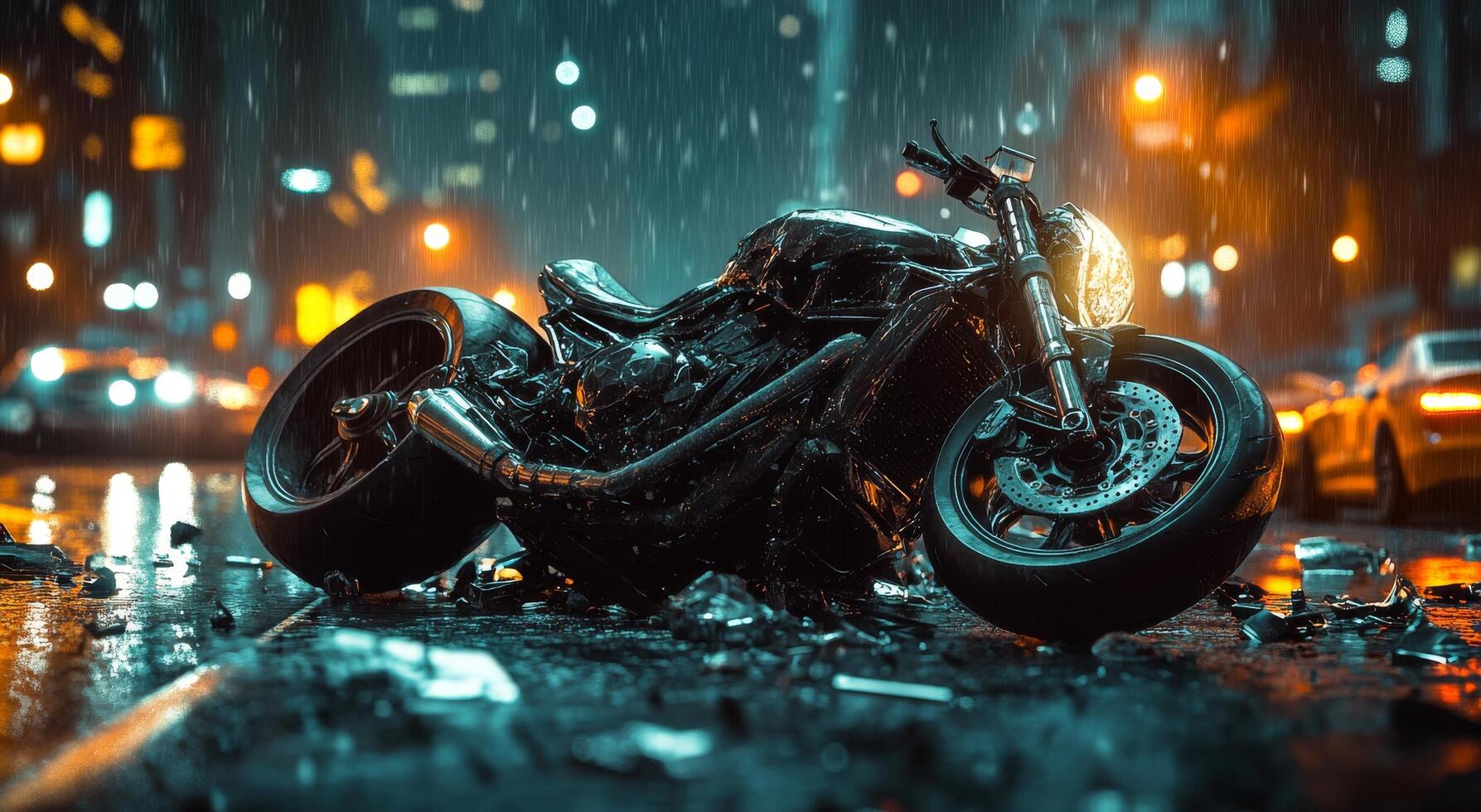 A motorcycle is sitting on the street in the rain photo