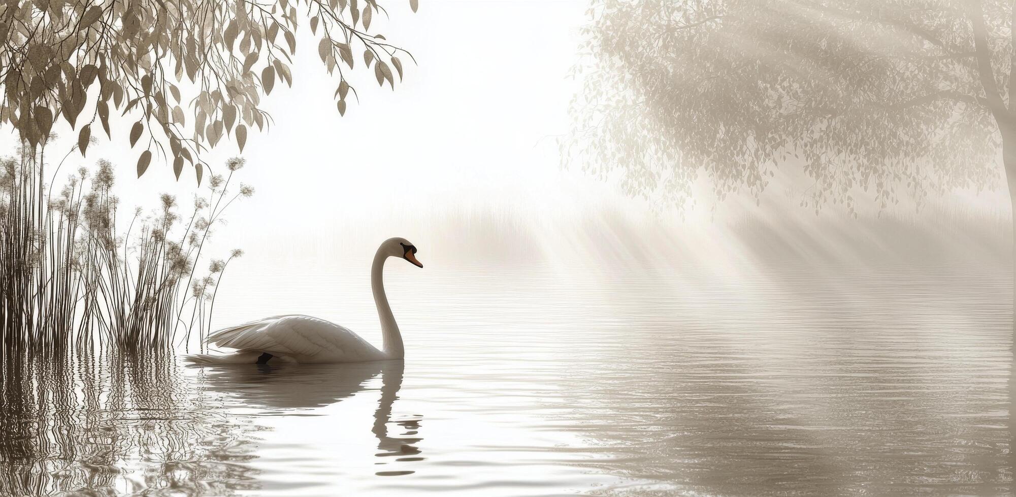 A swan swimming in the water with trees and reeds photo
