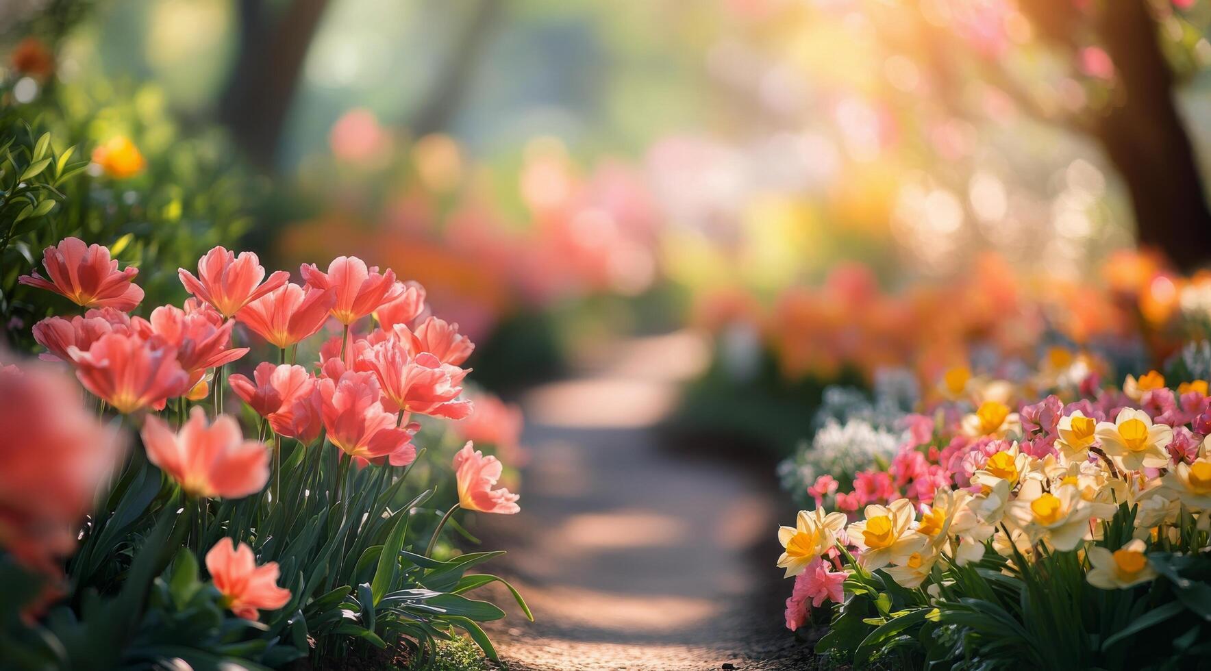 A path through a garden with flowers and trees photo