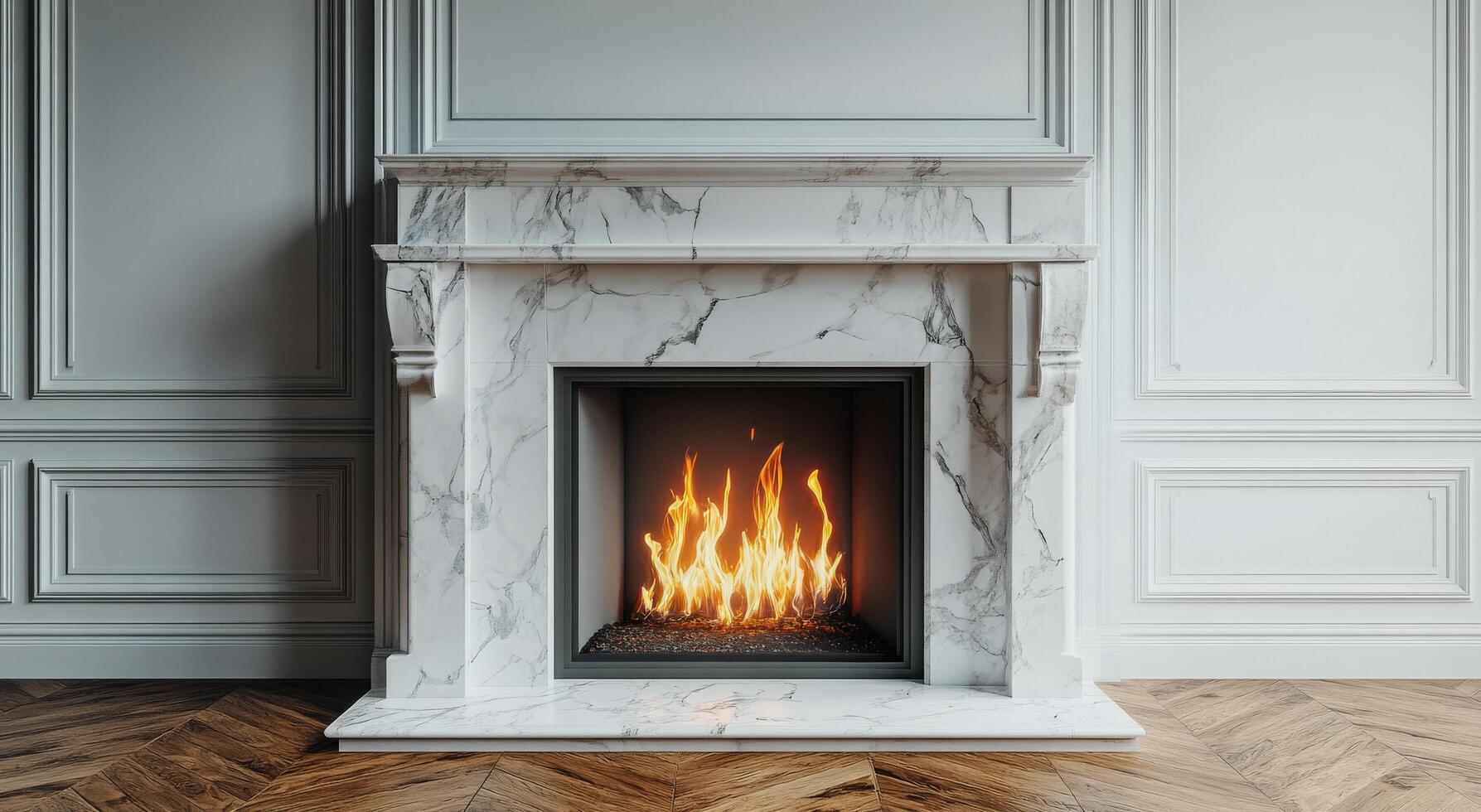 A fireplace with a marble mantle and a wooden floor photo