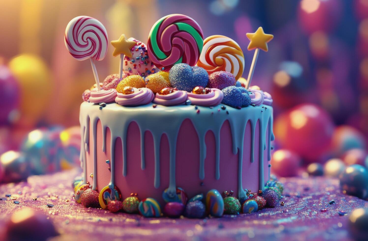 A colorful cake with lollipops and candy photo